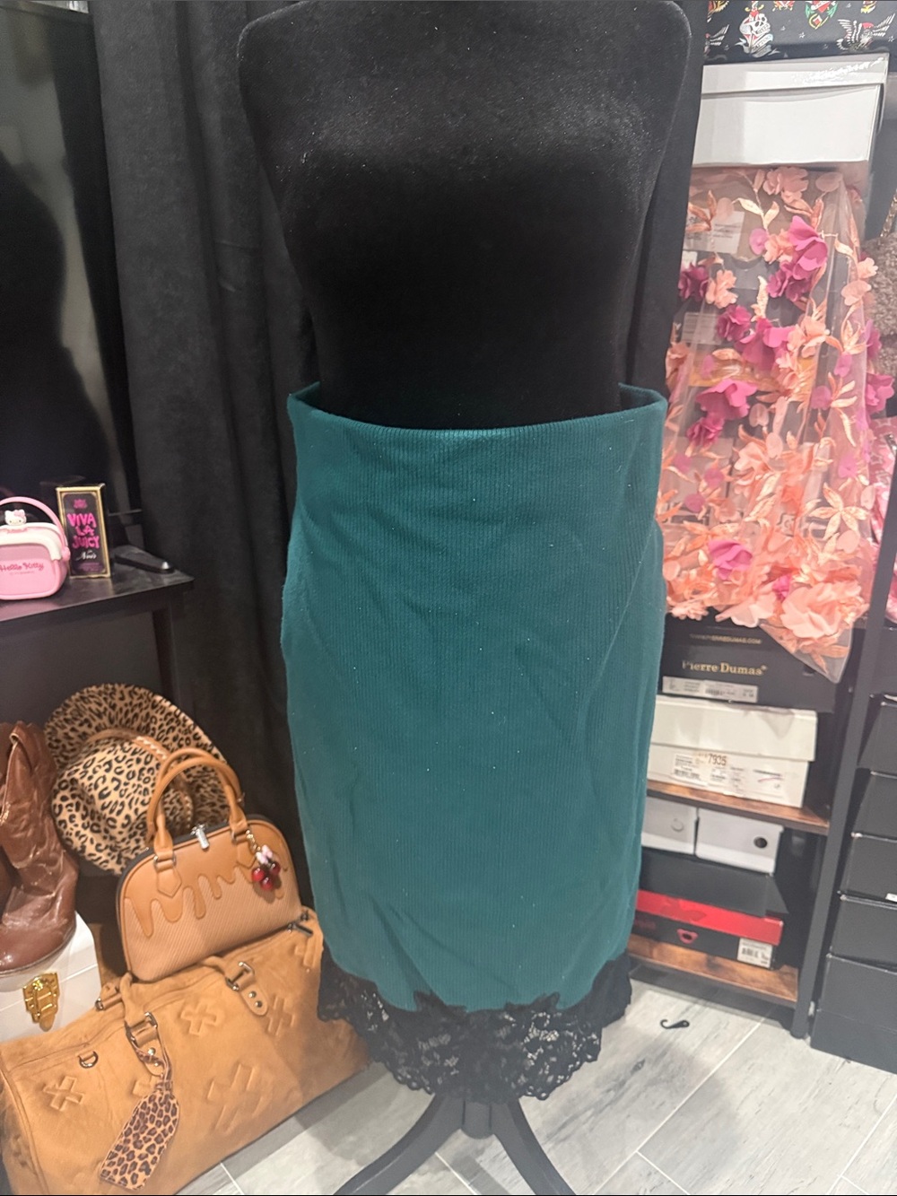 Express Teal Pencil Skirt with Black Lace Hem